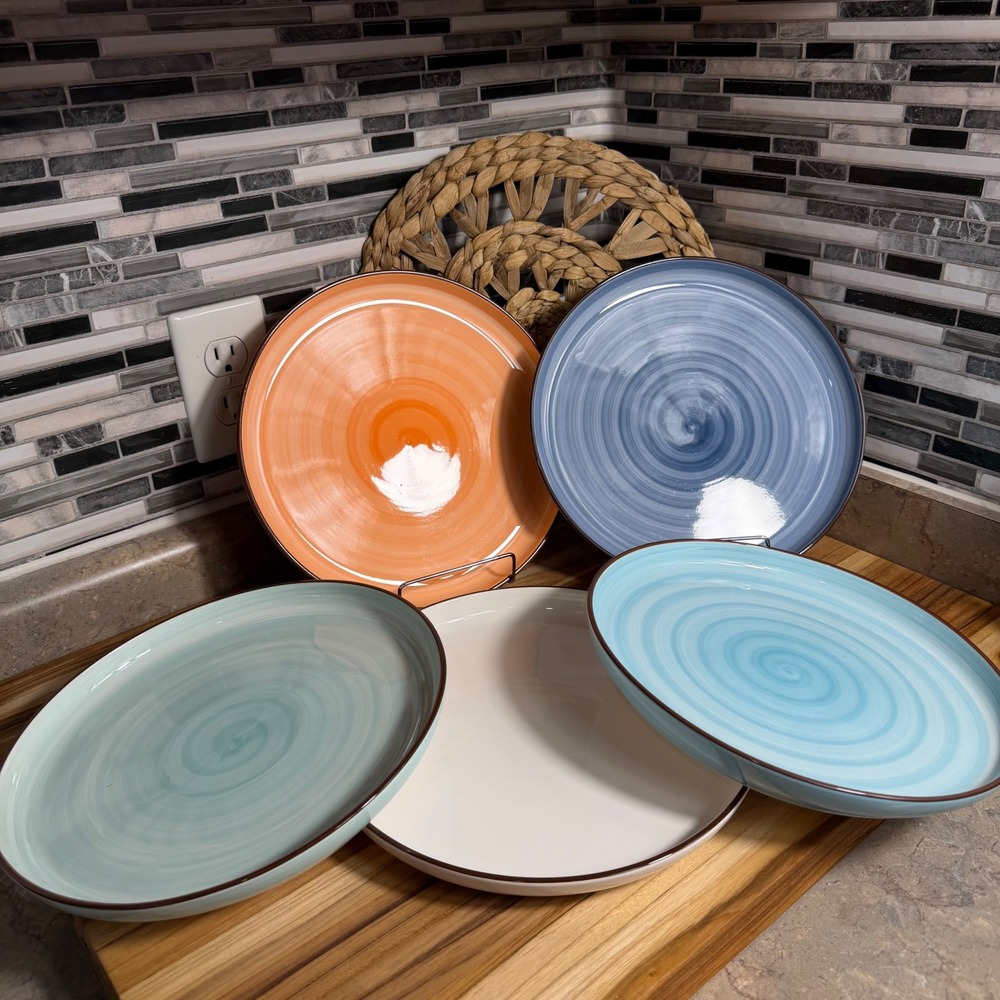 Smeese Assorted Swirl Ceramic Dinner‎ Plates Set 5 Multi Color Coastal Stoneware